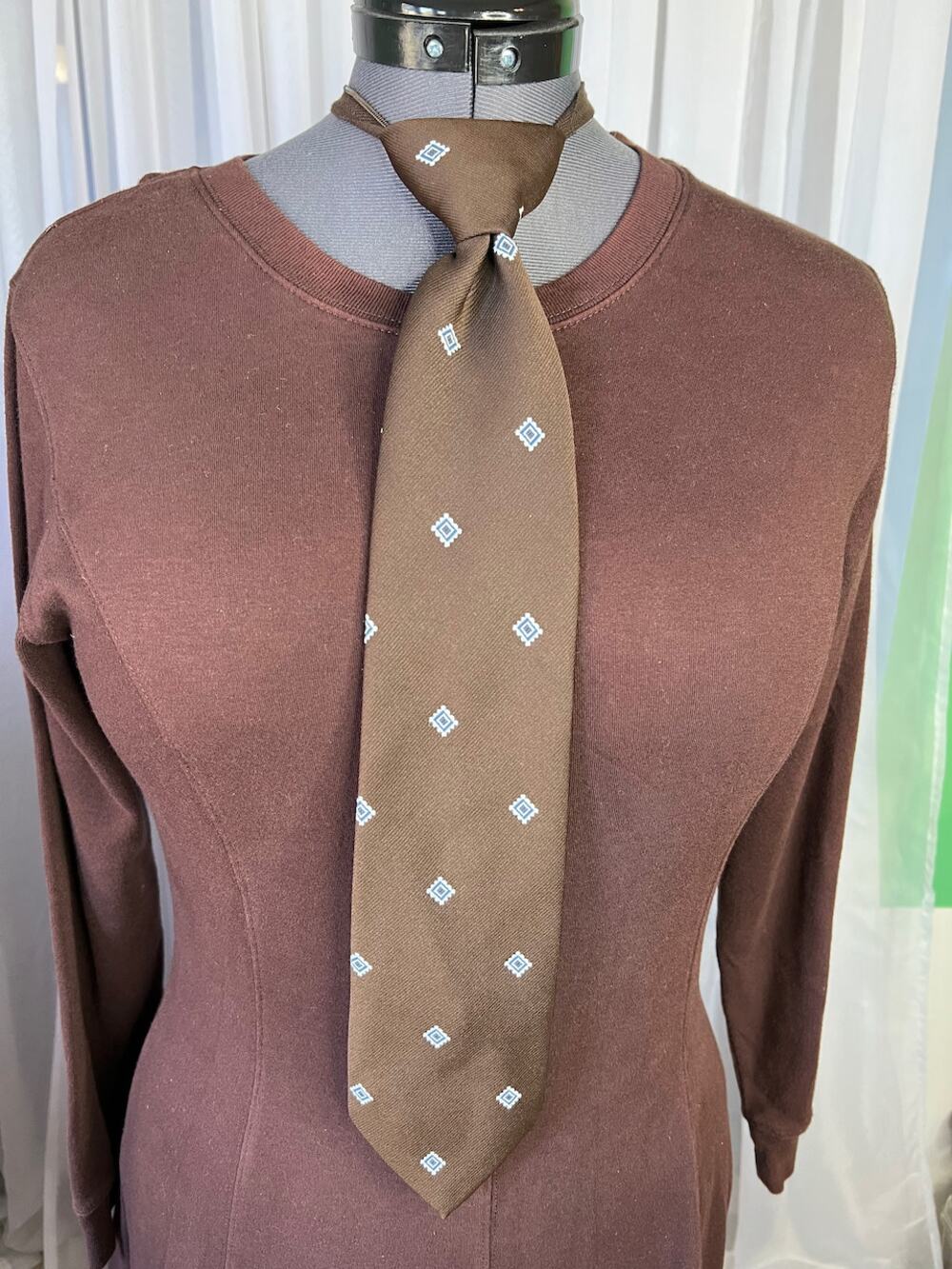 vintage zipper tie 1980s squares brown blue